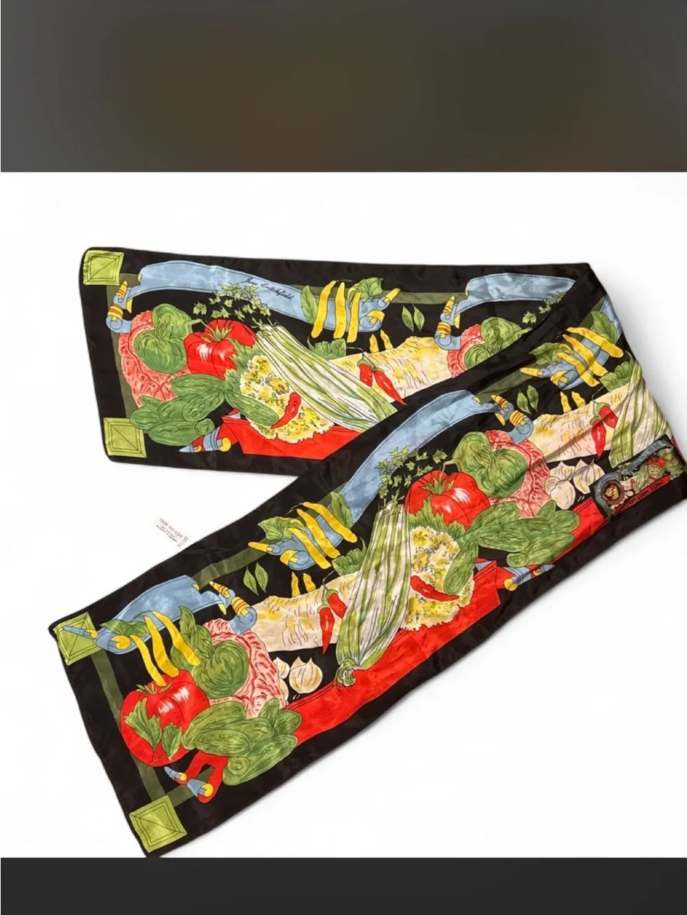 Vintage June Critchfield X Heinz Silk Vegetable Print Twilly Scarf - Black Multi